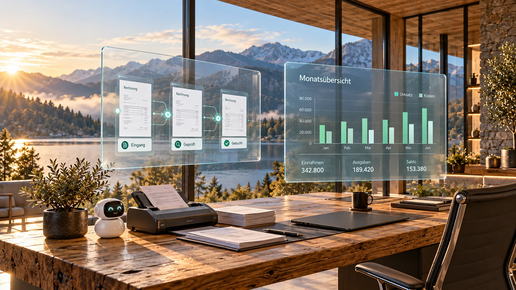 Alpines Büro mit transparenten Glasdisplays für Belegverarbeitung und Monatsauswertung sowie kleinem digitalen Assistenten – illustrative Darstellung.