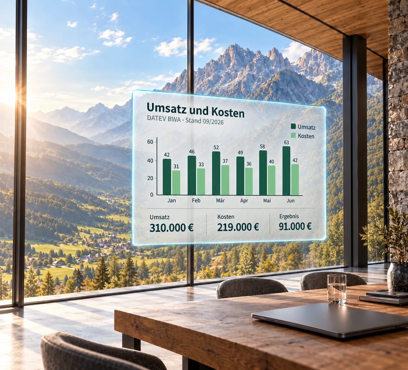 Illustratives Alpenbüro mit Bergblick und schwebender Glasleinwand für Umsatz-, Kosten- und Ergebnisauswertungen.